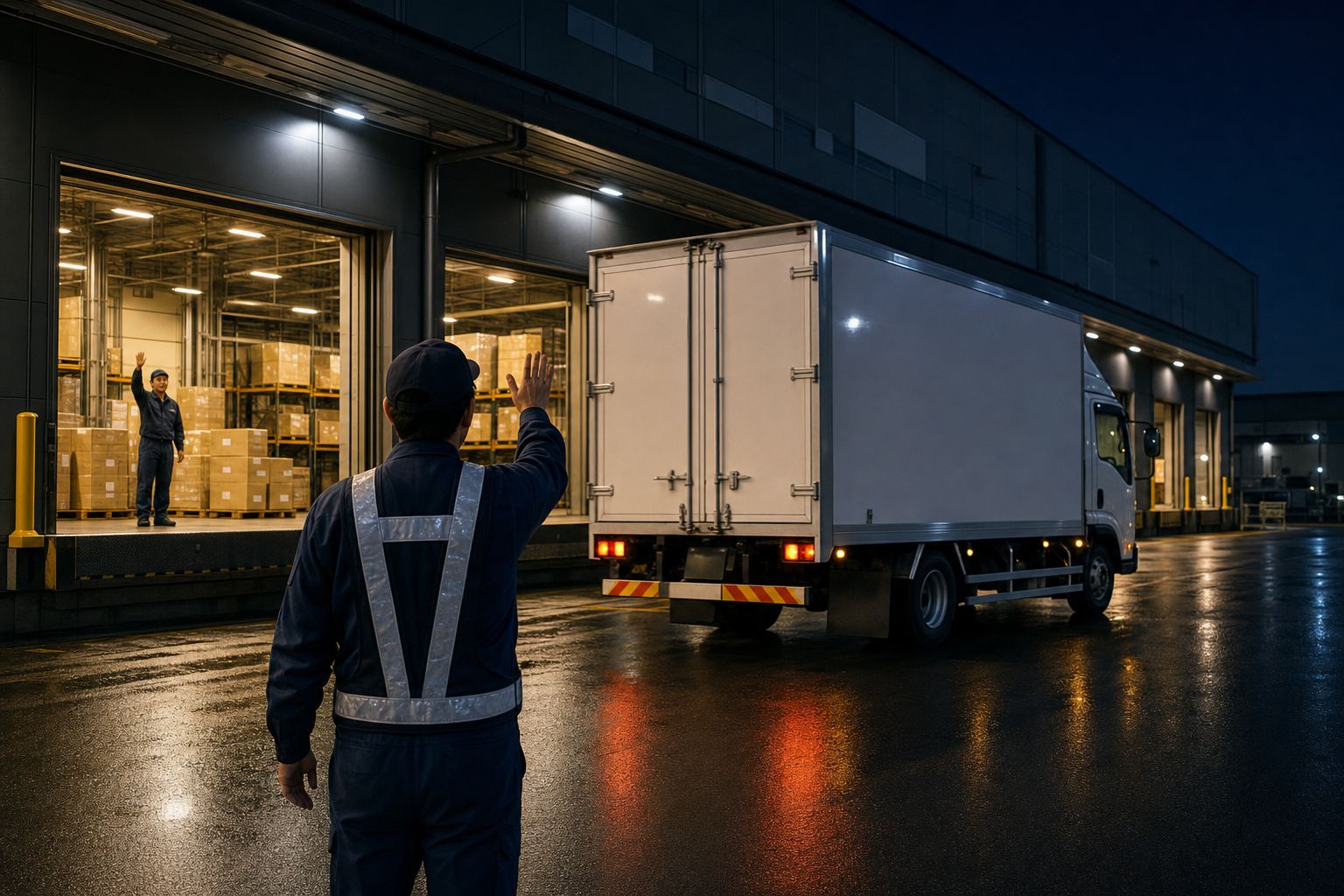 夜の倉庫から、荷物を積んだトラックが出発する