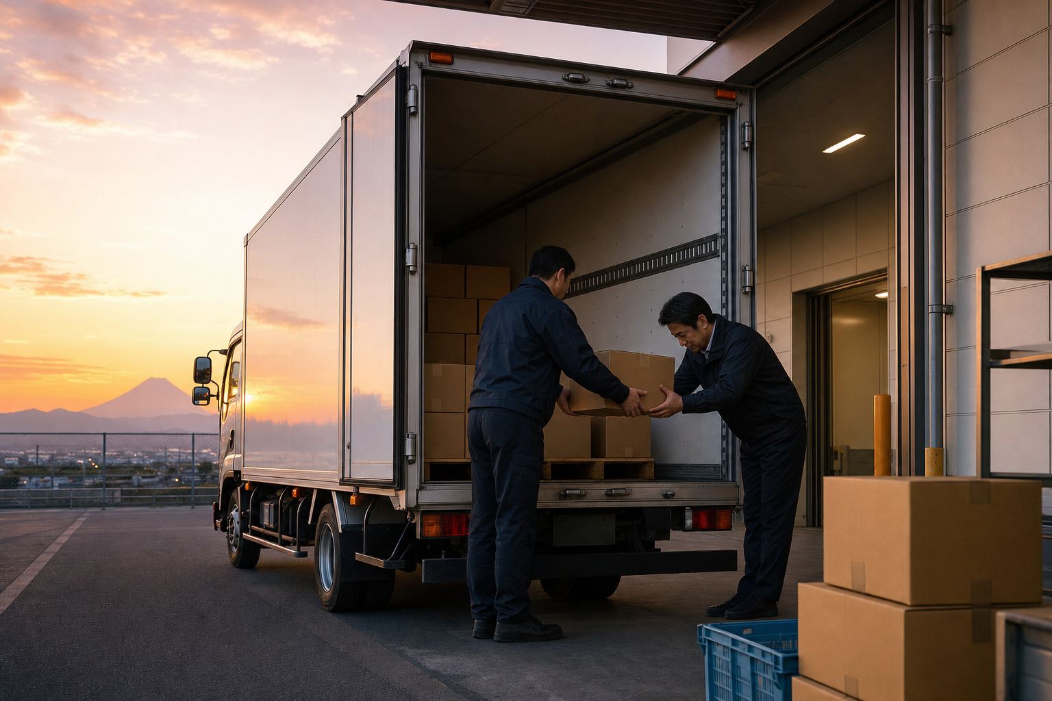 明け方、到着先で荷物を両手で手渡すドライバー